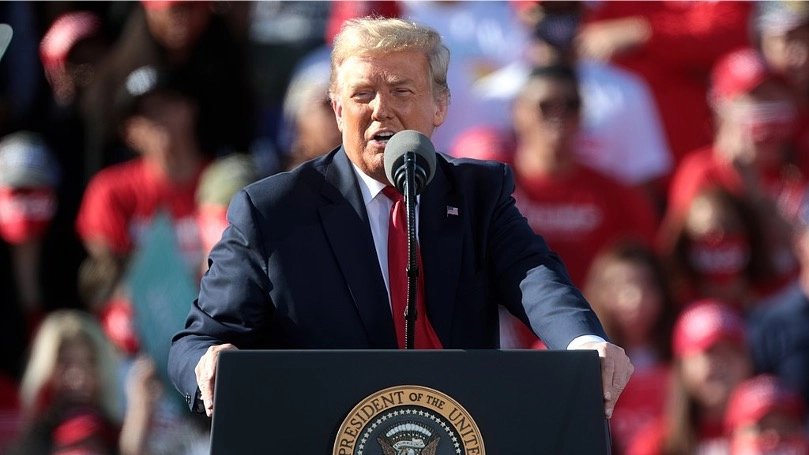 President of the United States Donald Trump speaking with supporters at a "Make America Great Again" campaign rally at Phoenix Goodyear Airport in Goodyear, Arizona.