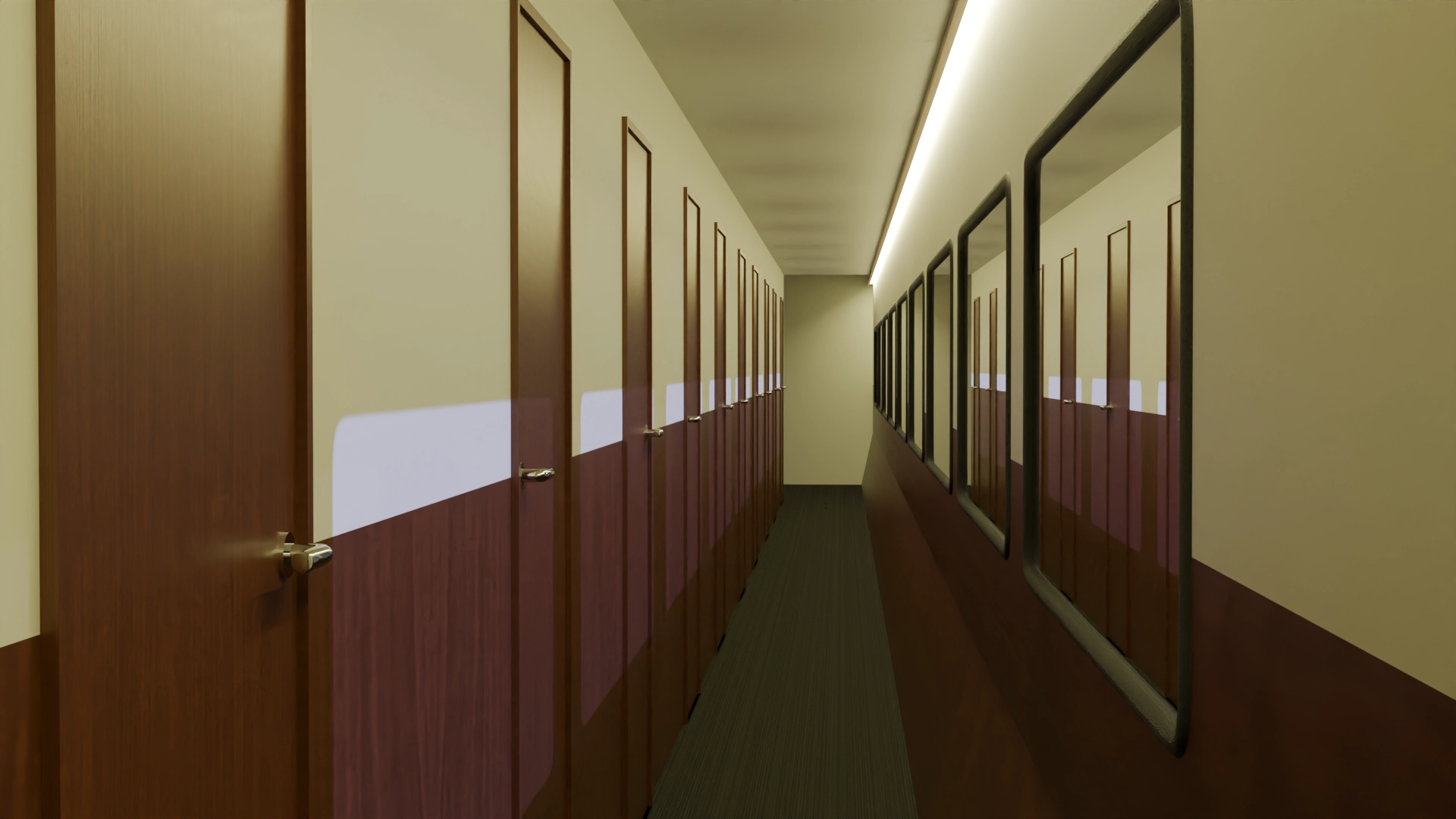 Computer rendering of a hallway on a passenger railcar.