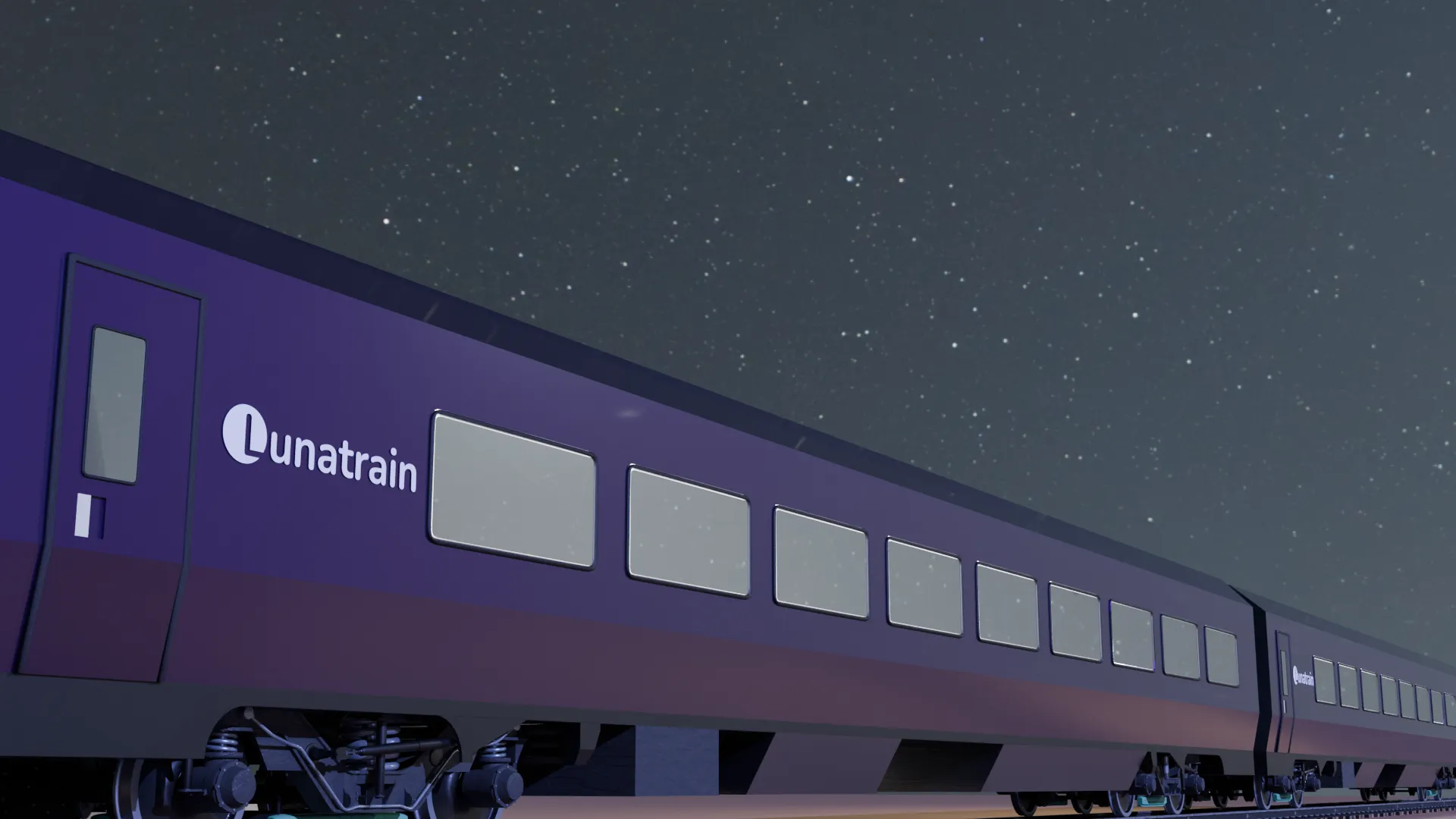 A computer rendering of a Lunatrain train.